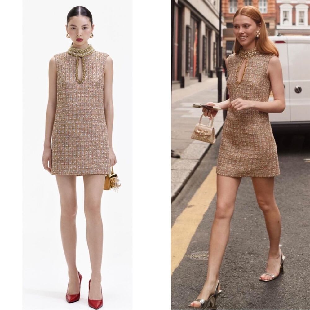 SELF-PORTRAIT Tinsel Boucle Crystal Embellished Tweed Metallic Mini Dress Sz 10